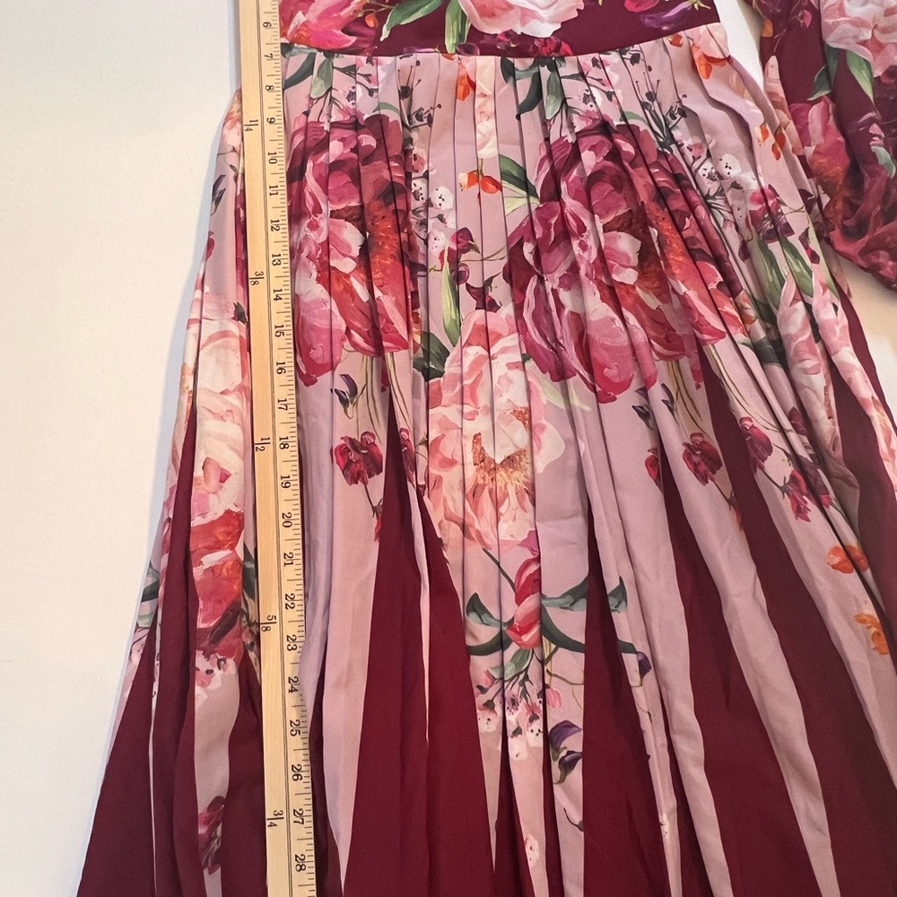 TED BAKER London Burgundy Floral Pleated Midi Dress Open Back|Long Sleeve|Size 0 - Picture 11 of 14